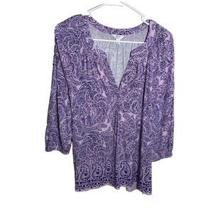 Crown & Ivy Blouse Women's Small Purple V-Neck 3/4 Sleeve Paisley Casual Top
